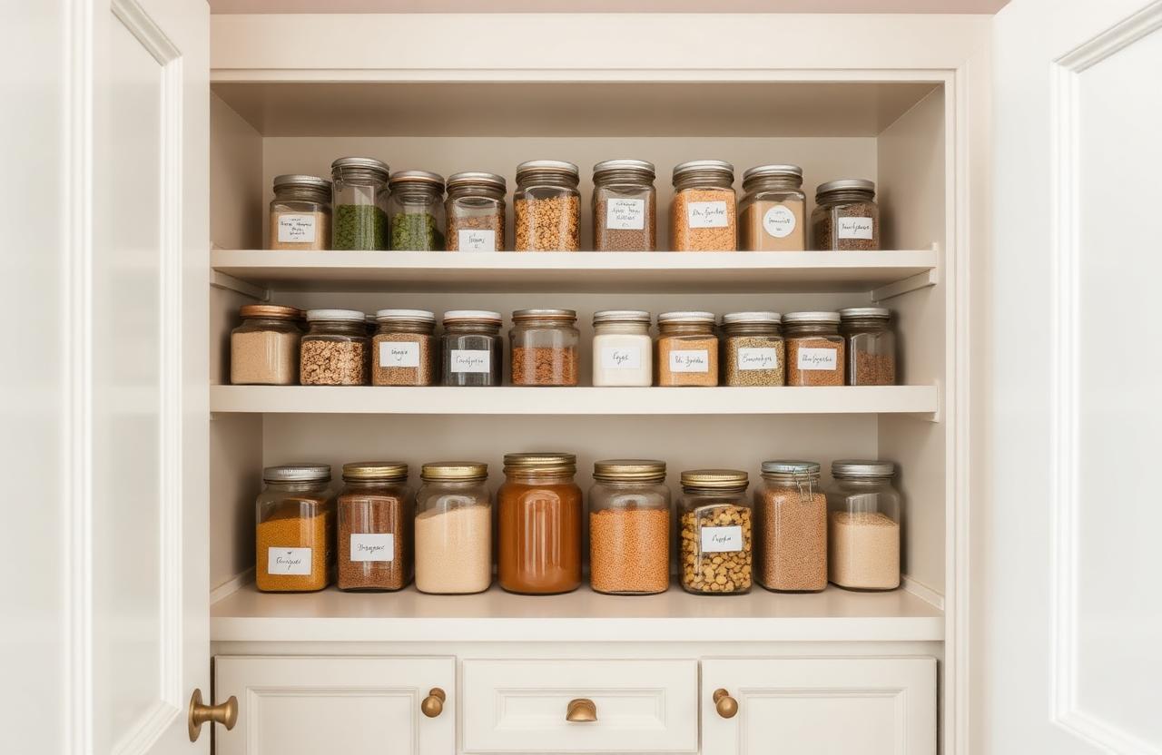 Garde-manger organisé avec bocaux en verre